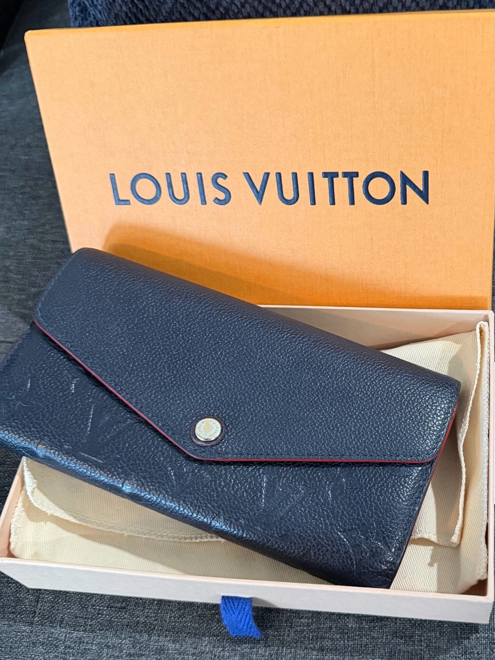 Louis Vuitton Black Leather Long Wallet with Red Trim